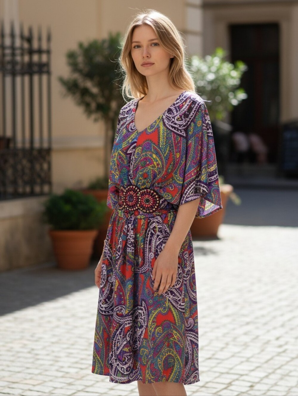 Lennie For Nina Leonard Purple and Red Paisley Dress with Beaded Waist Large